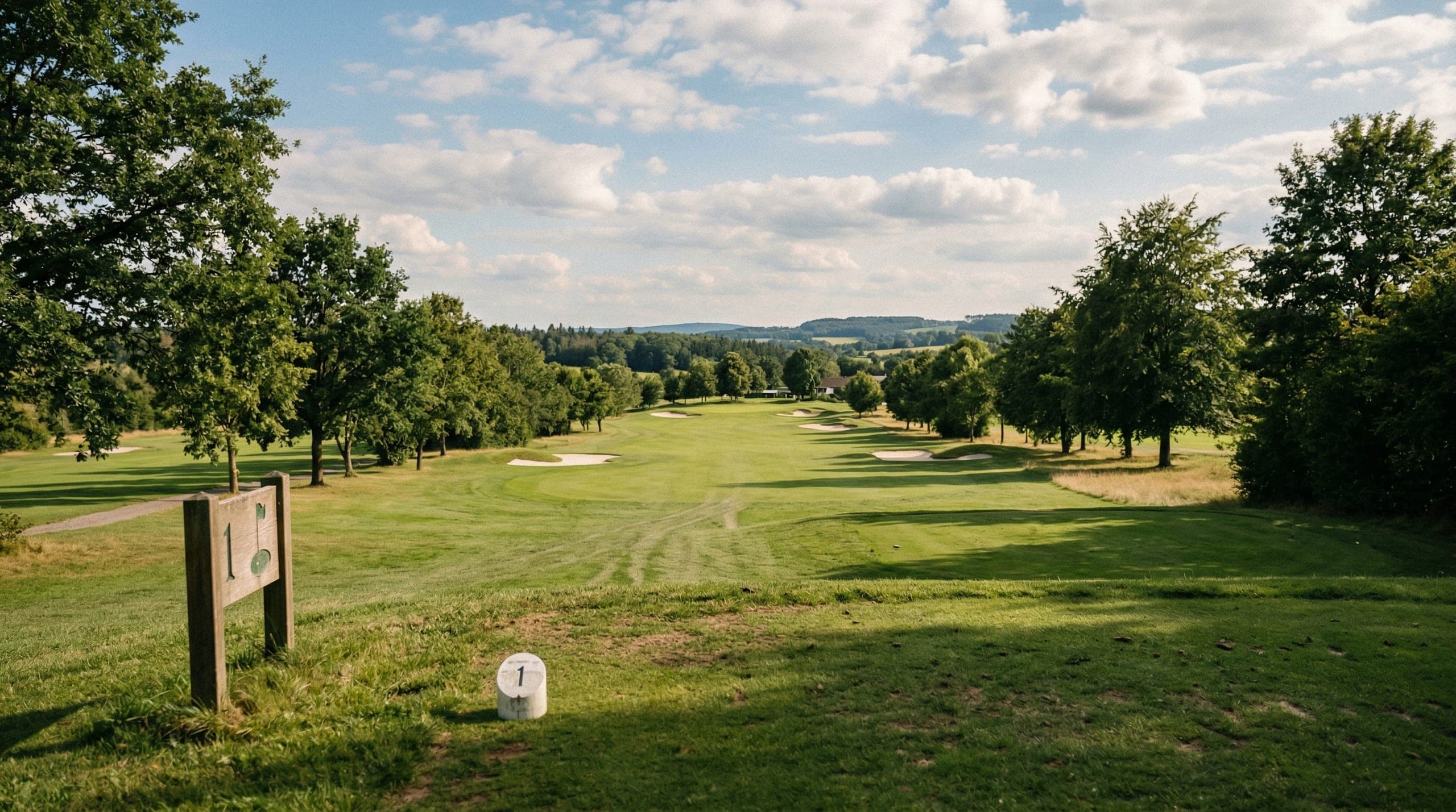 Blick über ein Golf-Fairway mit Abschlagmarkierung
