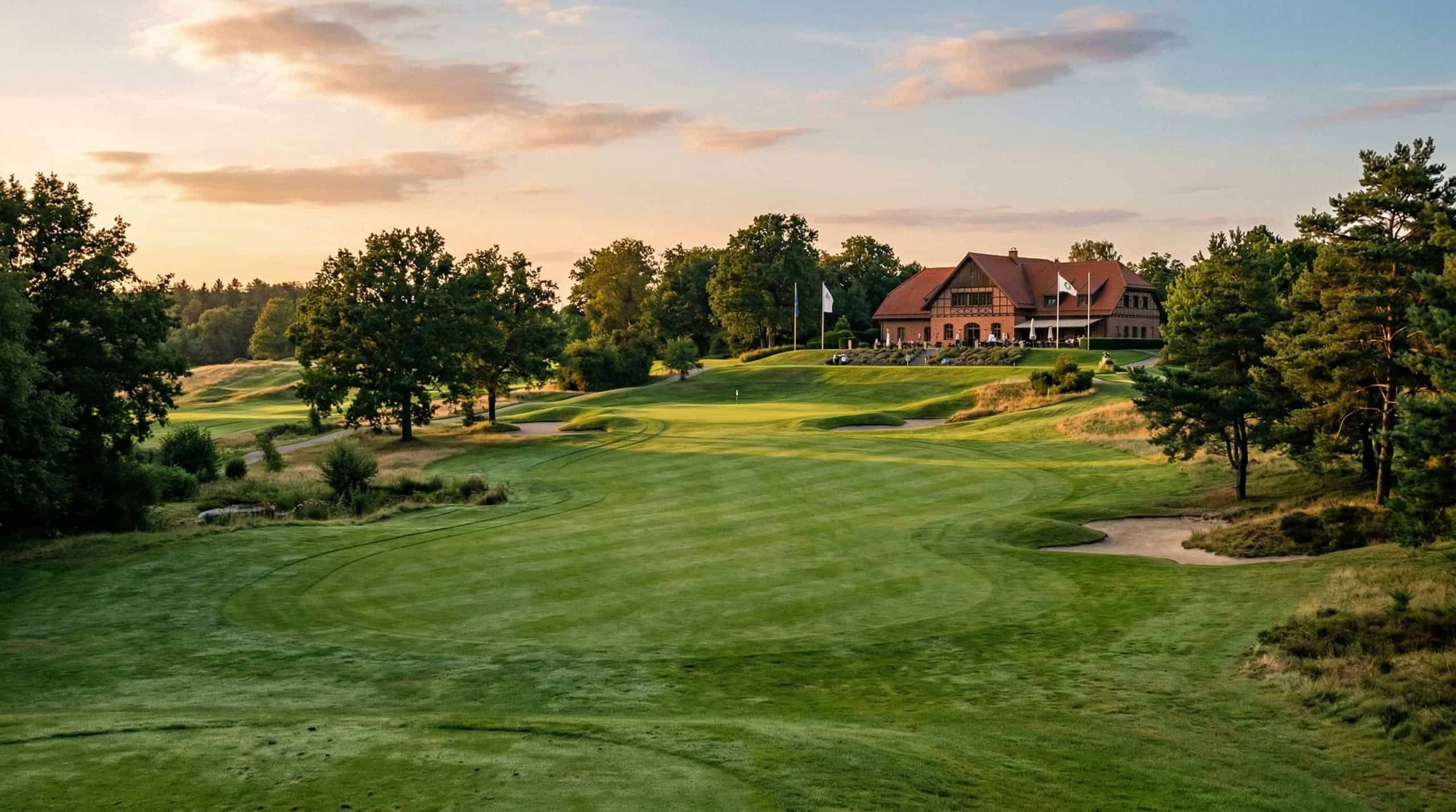 Golfplatz mit Fairway, Grün und Clubhaus im Abendlicht